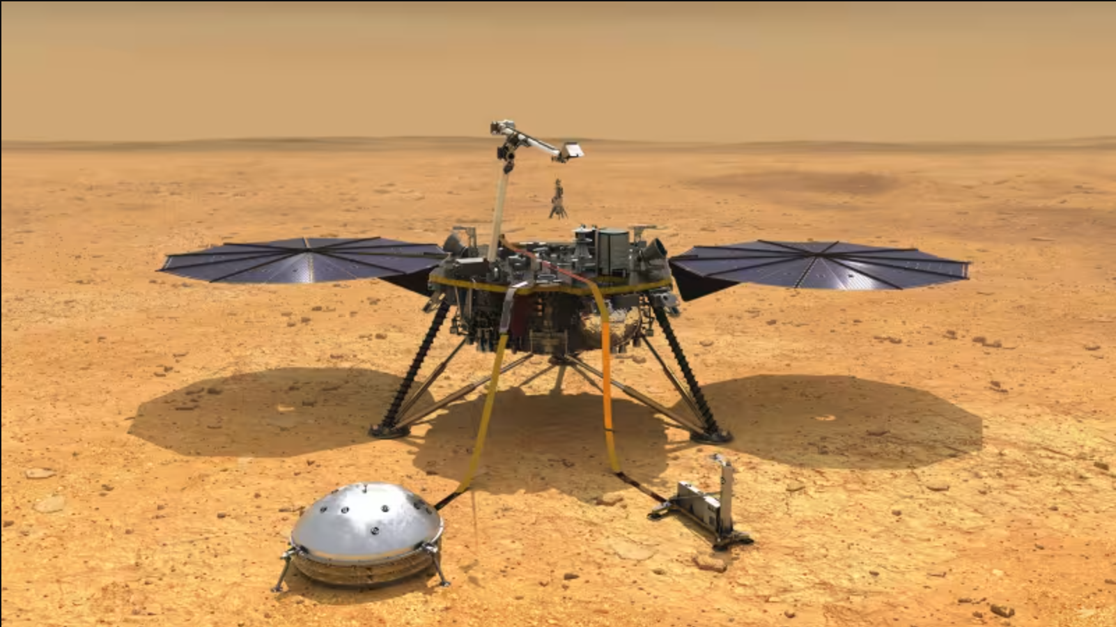 An illustration of NASA's InSight spacecraft with its instruments deployed on the Martian surface.