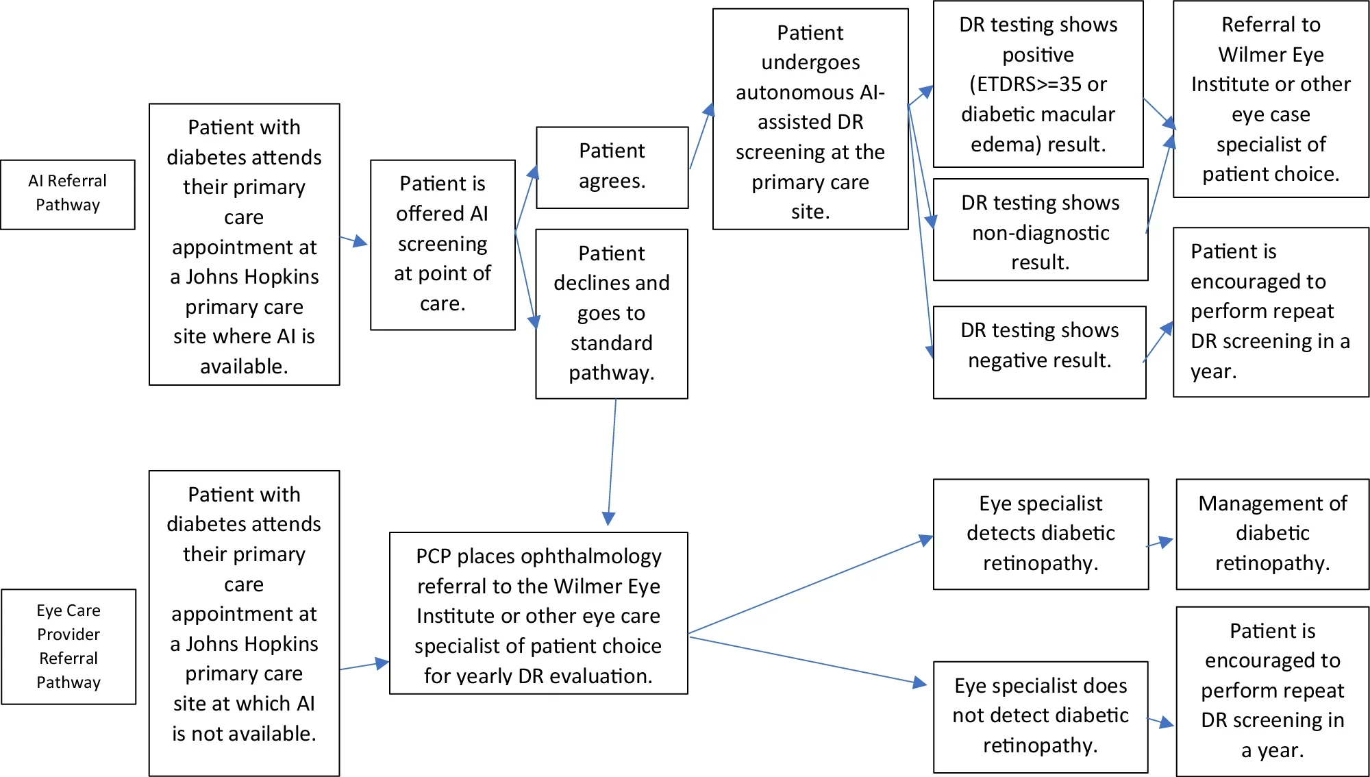 Flow Diagram Illustrating Patient Movement Through Both Diabetic Retinopathy Screening Pathways, AI Referral and Eye Care Provider Referral.