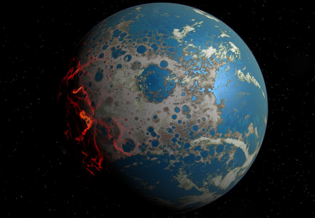SwRI Institute Scientist Dr. Simone Marchi created this artistic rendering of early Earth, which shows a surface pummeled by large impacts, creating hydrothermal conditions that could support the evolution of life.