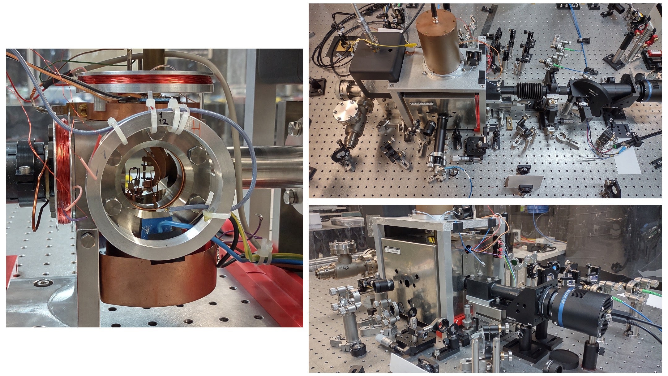 Constructing an atomic clock. Pictures of the components used in making an atomic clock. Pictures of the components used in making an atomic clock. The ion trap (left image) holds the clock in place. The optical/laser apparatus (right images) measures the clock’s frequency.