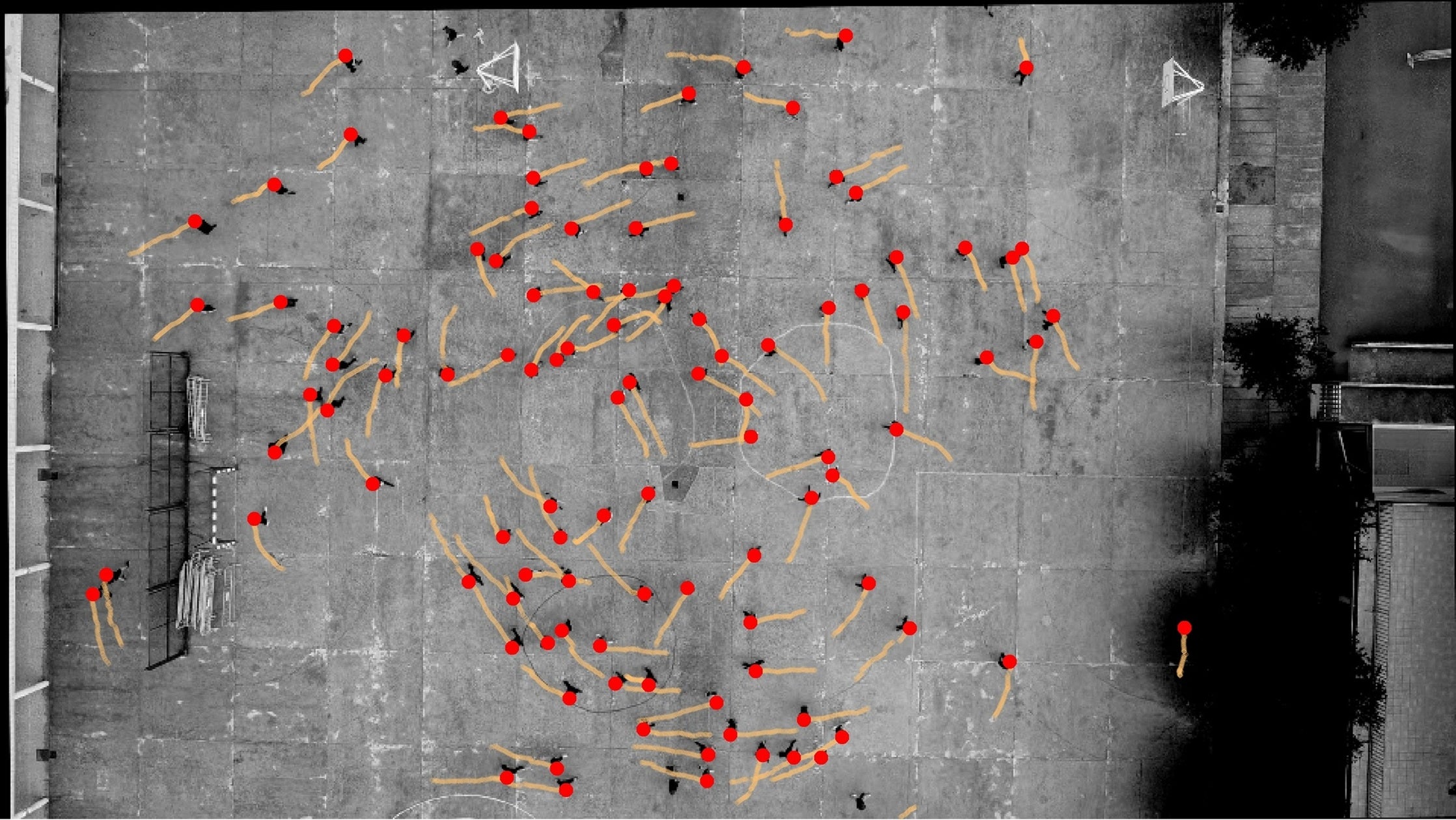 Taken from above, this annotated image shows a school ground in Spain and the motions of teenage participants as indicated by the dots and lines. 