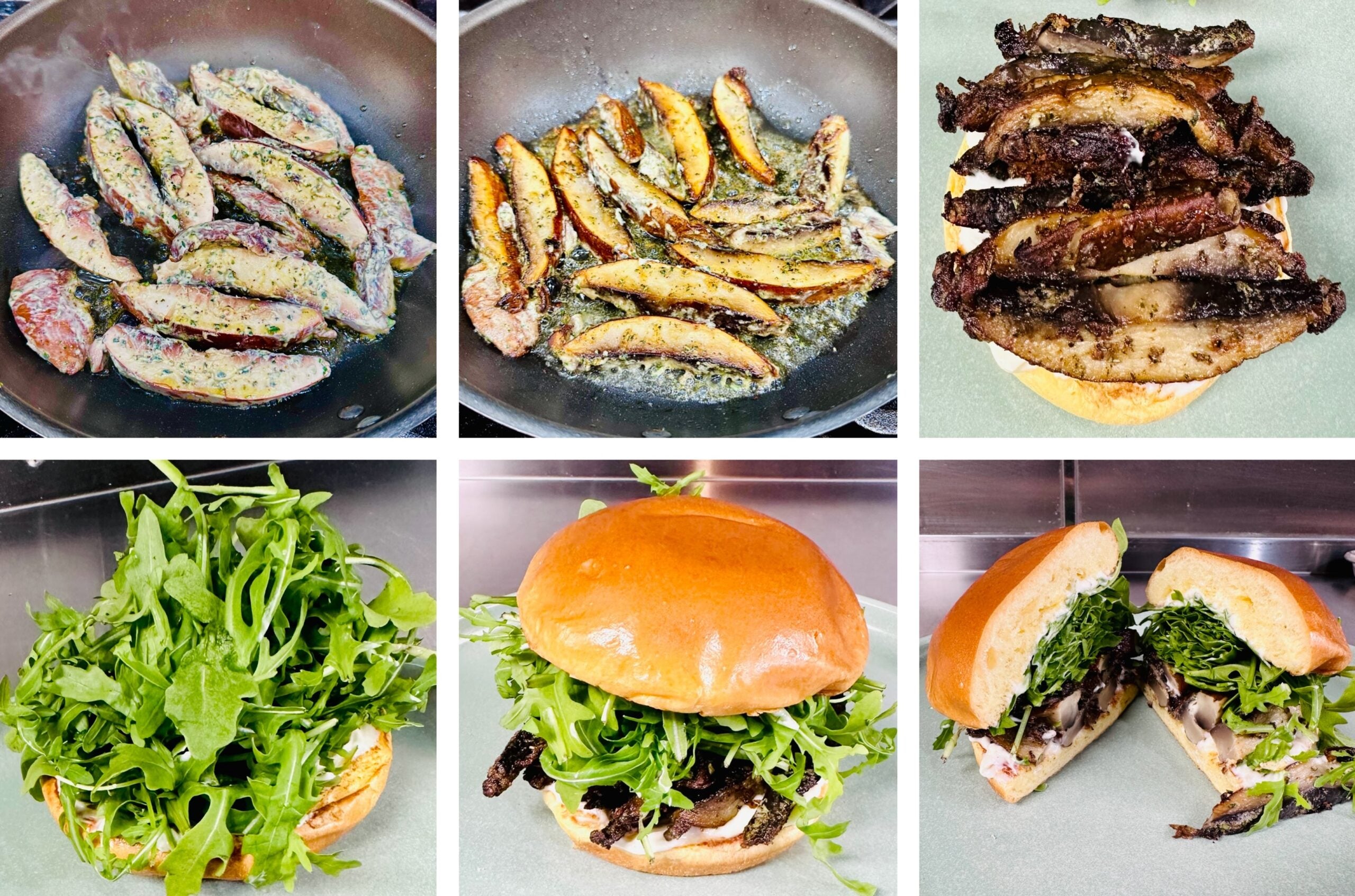 Collage showing ingredients added to customized burger. Executive Chef Justin Schneider transformed the AI-generated recipe into a restaurant-quality burger. 