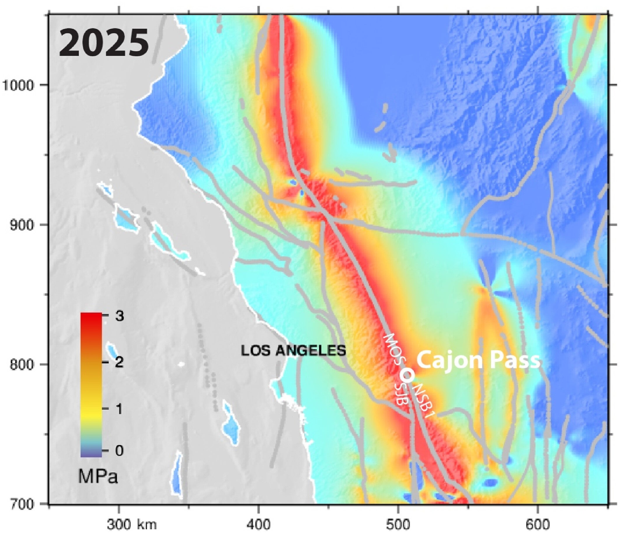 Modeled Coulomb stress accumulation of the southern San Andreas Fault System at present-day (2025) in regional context, observed at ½ the locking depth of each segment.
