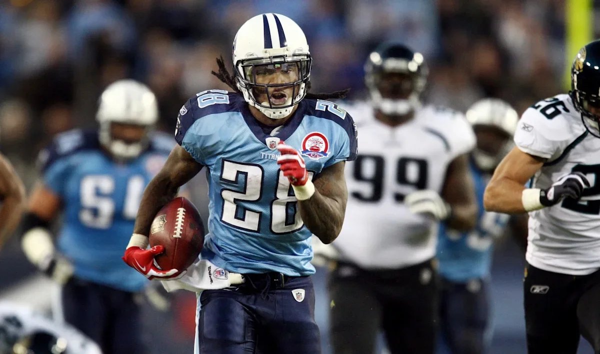 Tennessee Titans running back Chris Johnson breaks free for a 52-yard touchdown against the Jacksonville Jaguars during the third quarter at LP Field on November 1, 2009. The Titans went on to win 30-13, earning their first victory of the season.