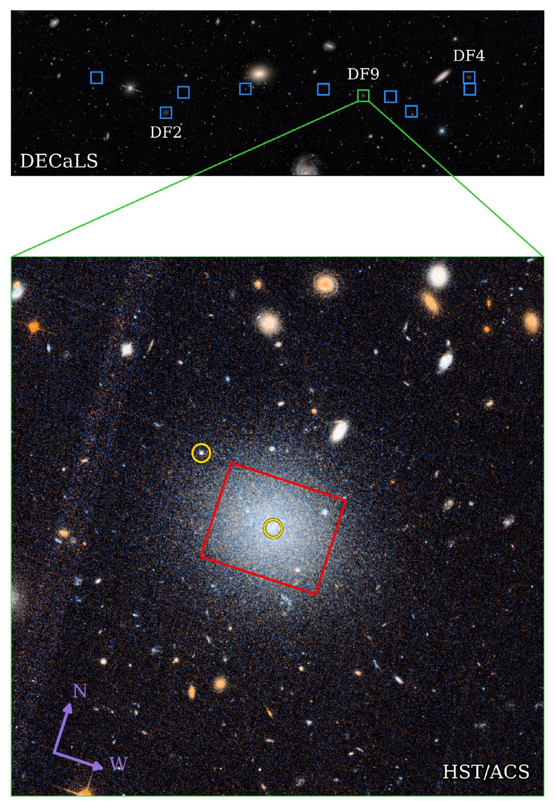 HST/ACS image of DF9 shown below a DECaLS image of the NGC 1052 field.