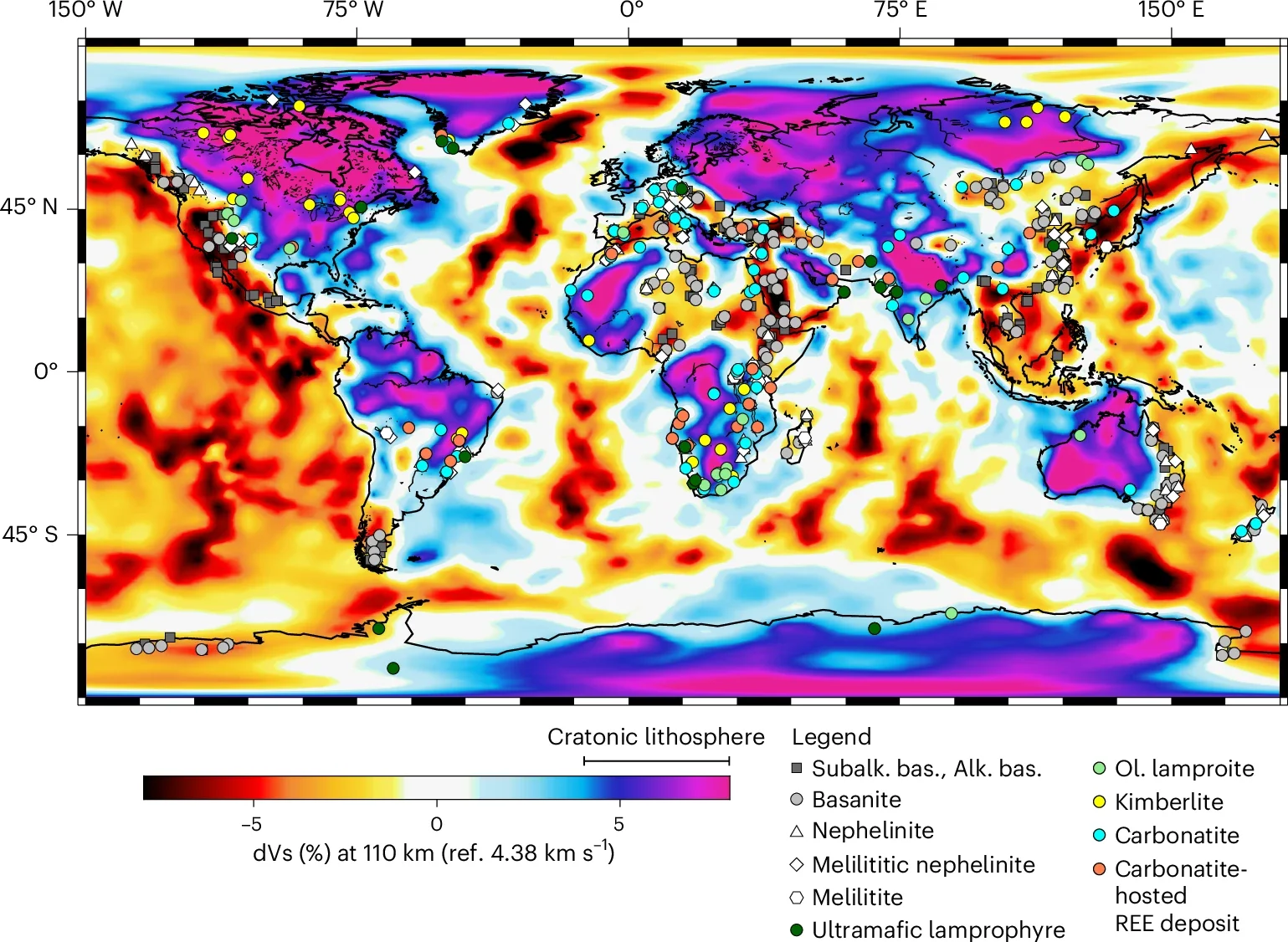Global shear-wave velocity anomalies (dVs) at 110-km depth showing emplacement locations of young (<200 Ma) continental intraplate CO2-rich magmas.