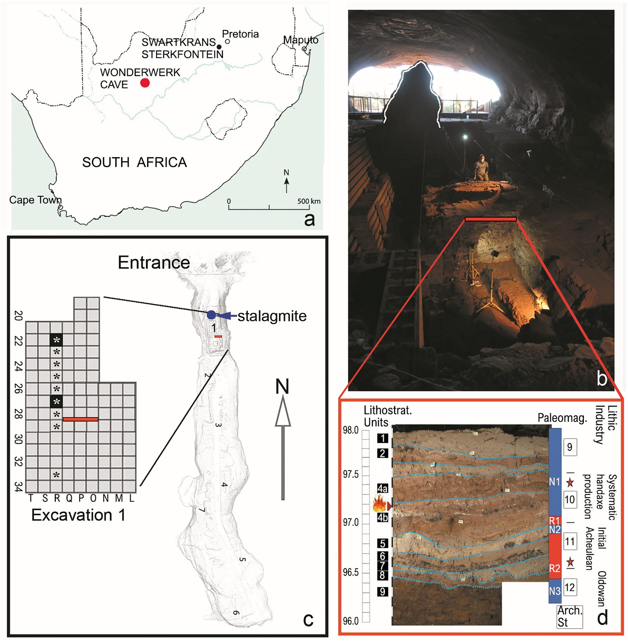 Location of Wonderwerk Cave (red dot) in South Africa. Excavation 1 area showing the stalagmite landmark (outlined in white) and the section (red line) displayed in (d).