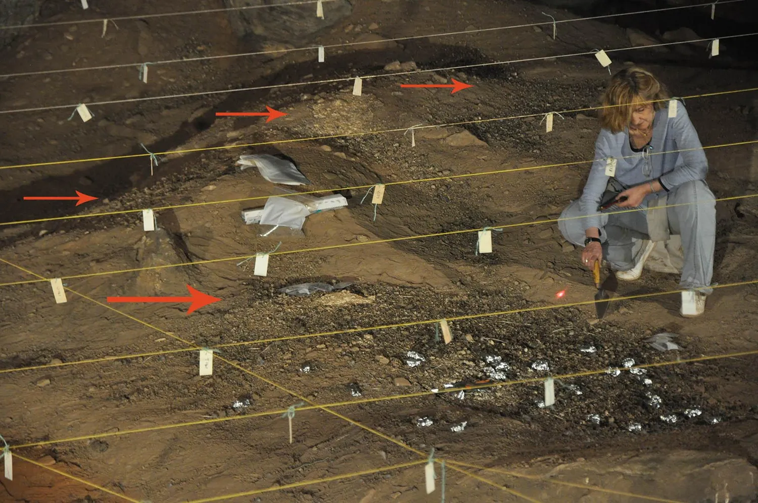 The Wonderwerk Cave floor with concentrations of owl pellets marked with red arrows.