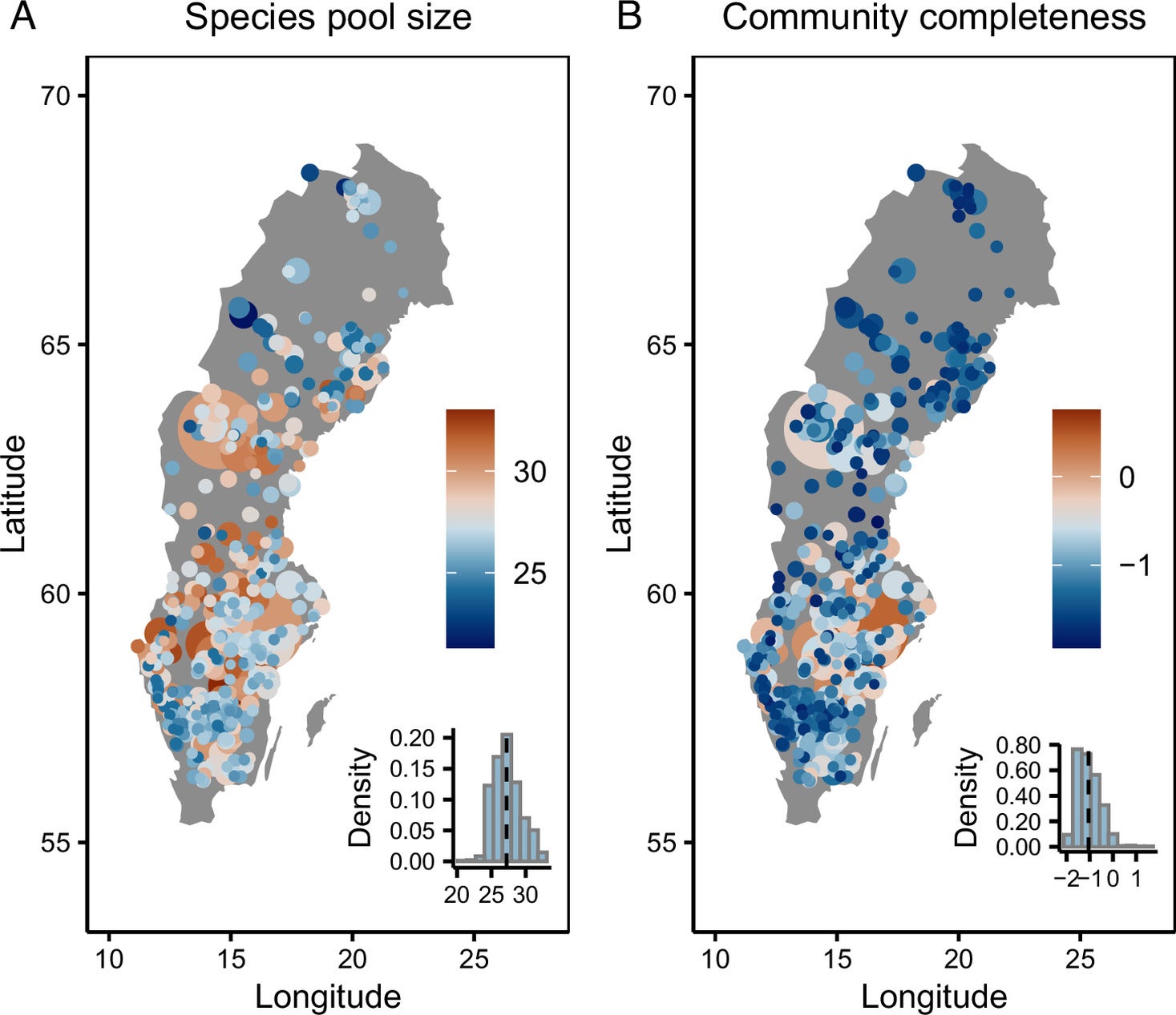 Species pool size (A), community completeness (B), and geographical distribution of 516 studied freshwater lakes in Sweden. 