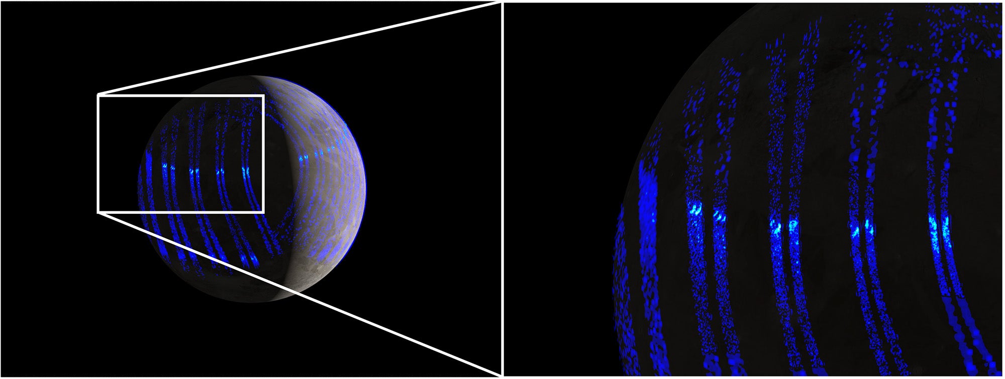 Artistic views of the ultraviolet aurorae on Ganymede, based on Juno’s close-up observations from 7th July 2021.