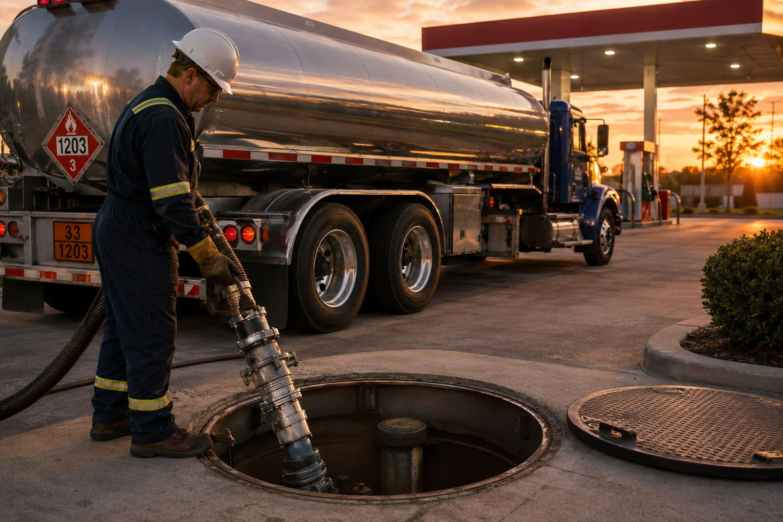 When the tanker arrives at a gas station, hoses connect to underground storage tanks beneath the pavement.