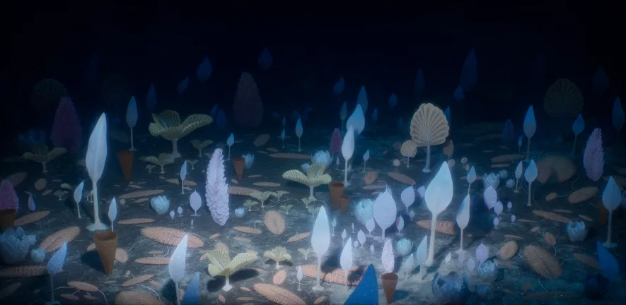 Artist's impression of a Ediacaran animal community. 