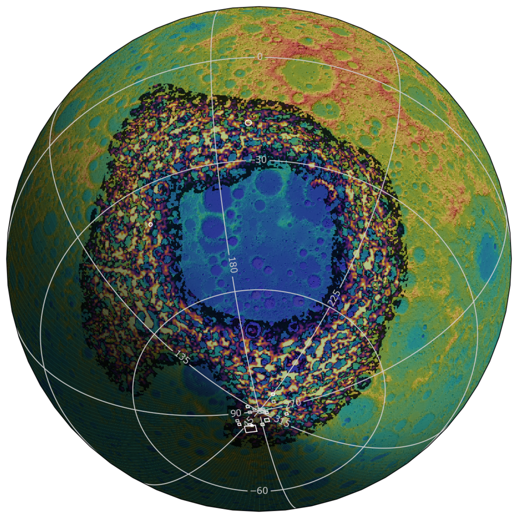 Scientists from the Center for Lunar Origin and Evolution, a virtual NASA organization led by Southwest Research Institute, studied materials excavated when a large impactor created the ancient South Pole-Aitken (SPA) basin (blue), a massive structure on the Moon’s far side.