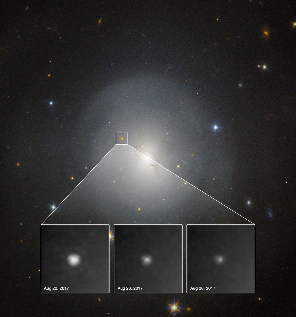 On 17 August 2017, within the lenticular galaxy NGC 4993, the first collision of two neutron stars could be observed by measurements of gravitational waves. The associated stellar flare, a kilonova, is clearly visible in the observations of the Hubble space telescope. Hubble observed the kilonova gradually fading over the course of six days (insets).