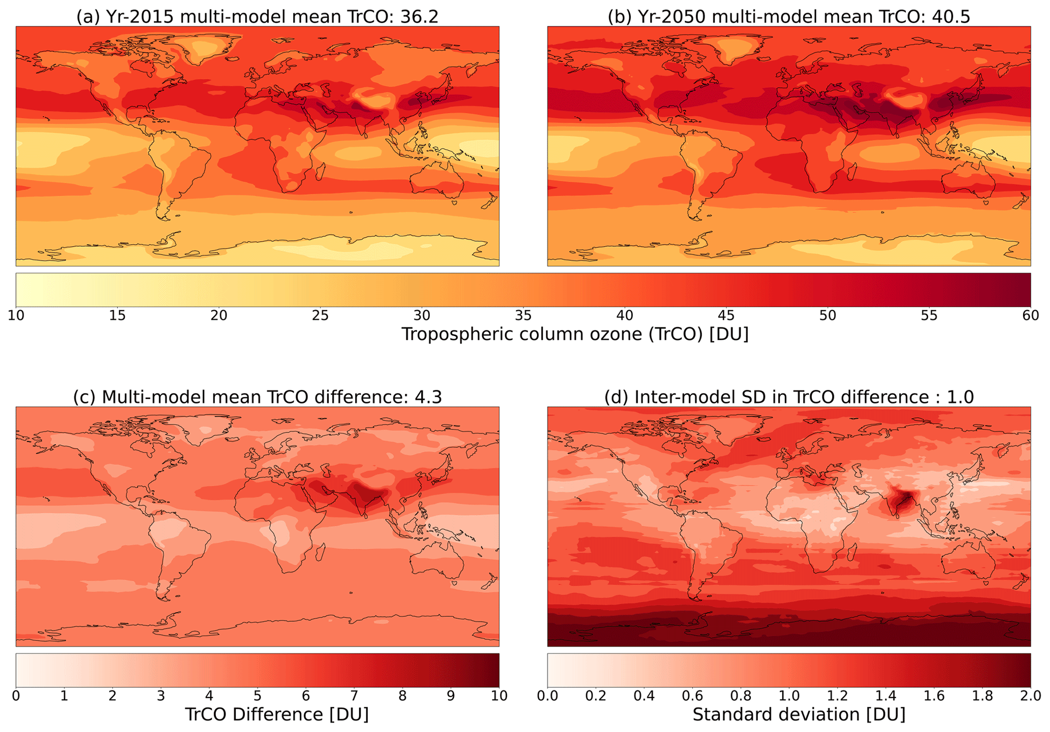 Multi-model mean climatologies of tropospheric column ozone (TrCO) in Dobson units (DU) for (a) present-day (year-2015) and (b) future (year 2050) global distributions, (c) the multi-model mean difference between the climatologies (year 2050 minus year 2015), and (d) the inter-model standard deviation about the multi-model mean difference.