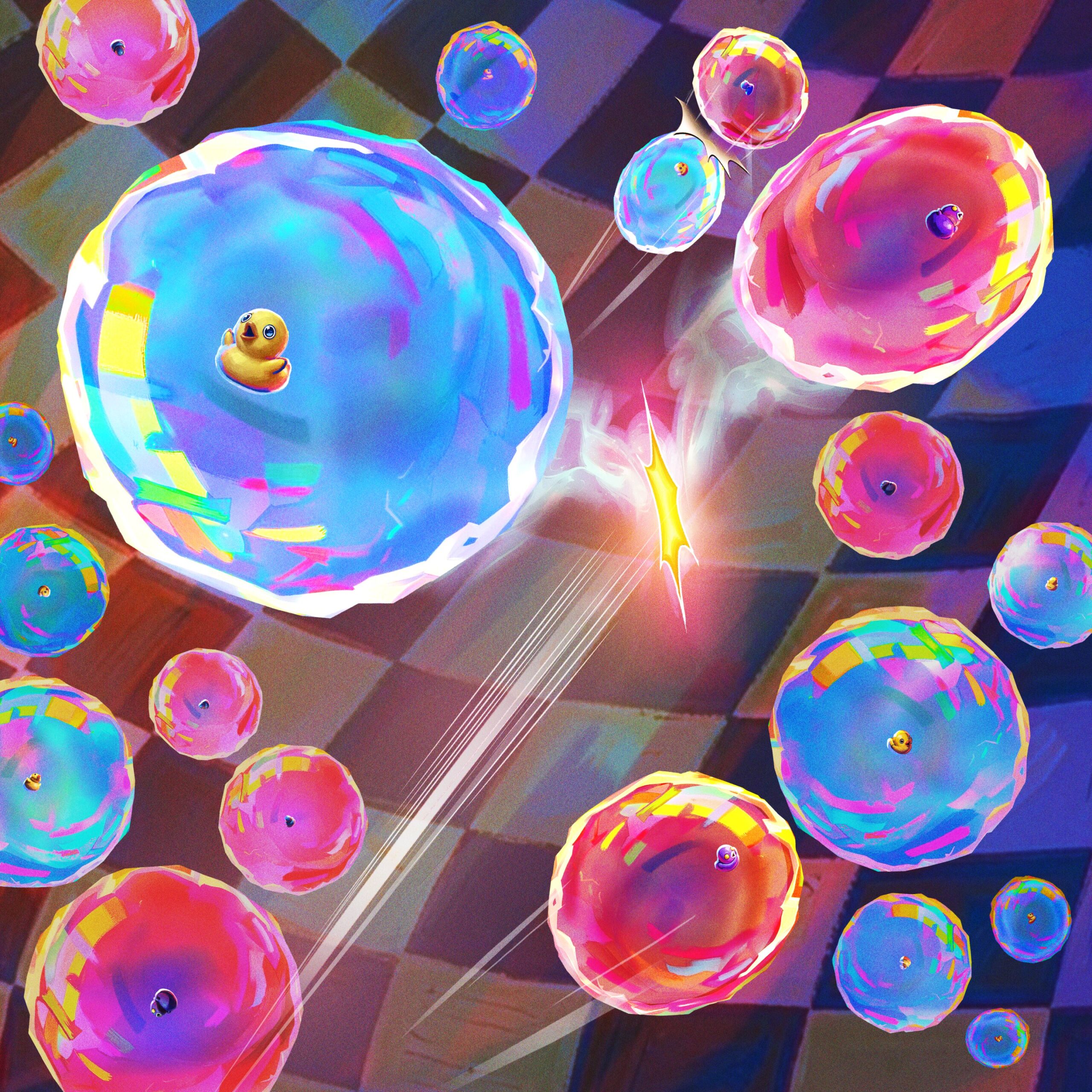 An artist’s impression of the resistivity that results from cold atomic collisions. Researchers investigating interaction-induced resistivity of ultracold atoms in a checkerboard-like landscape observe a quantum enhancement of their likelihood of colliding, akin to how ducks that move in bubbles would collide as if they were the size of the bubbles, rather than their actual size.