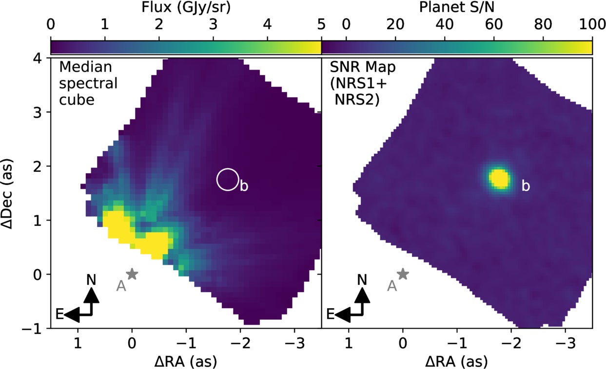 Detection map of companion GJ 504 b around the primary GJ 504 A using the medium resolution IFU mode of JWST/NIRSpec in the 2.9–5.3 μm range.