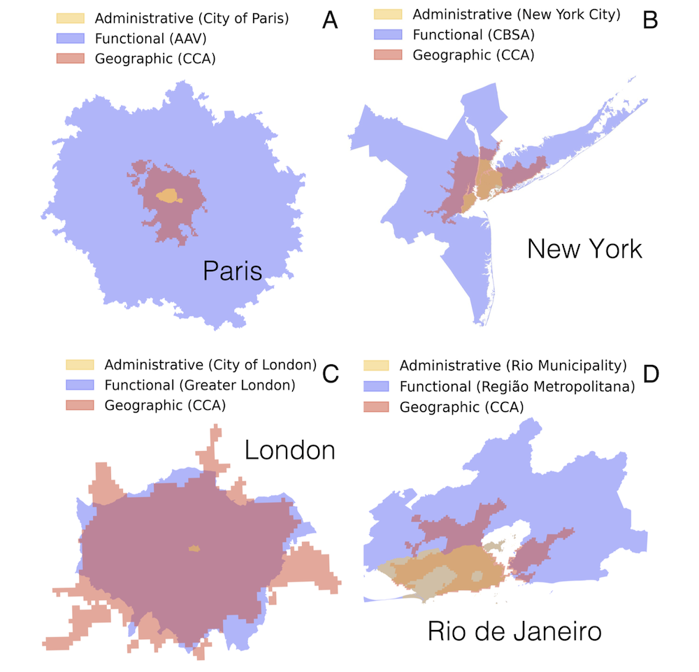 Comparison of administrative, functional, and geographic city definitions for Paris, New York, London, and Rio de Janeiro. The geographic definition (red) is the one used in this study. The administrative (orange) and functional (blue) boundaries are based on the official definitions.