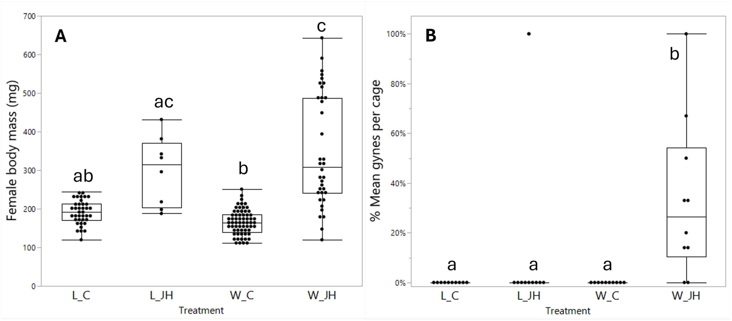 Effect of JH III application to caregivers and larvae on female body mass upon emergence (A) and the percentage of gynes among total emerged adults (B). 