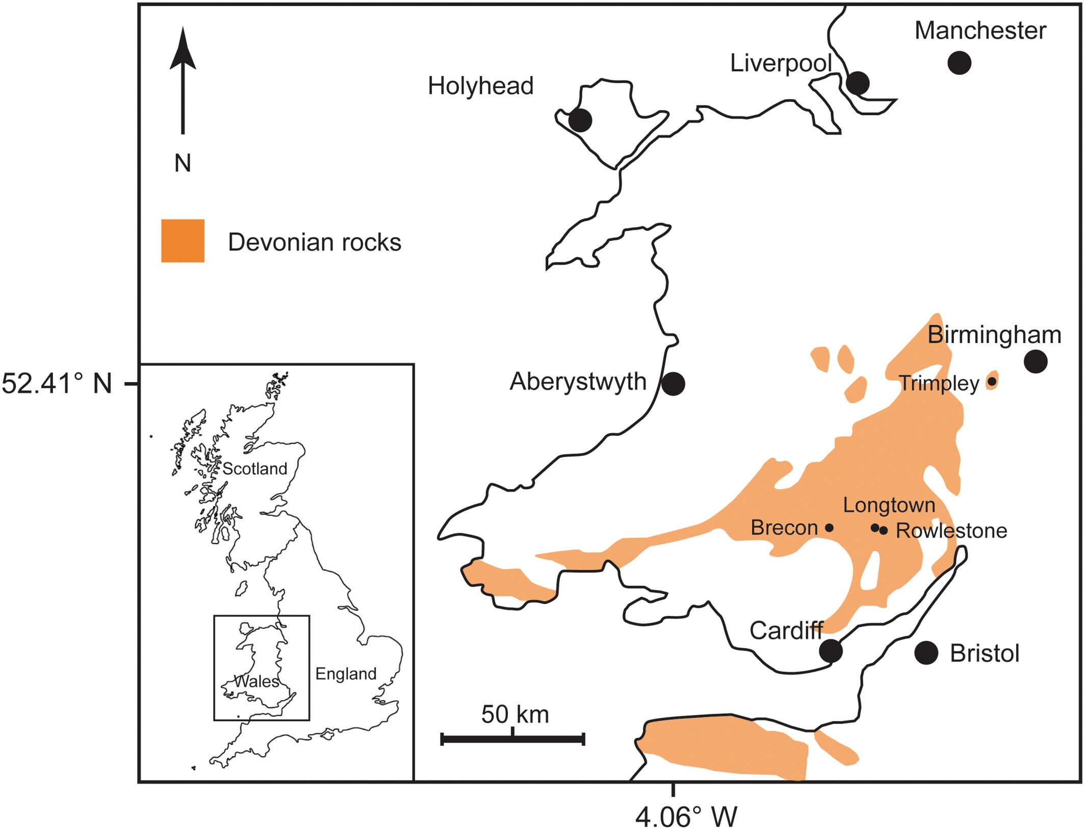 Locality map showing extent of Devonian strata in the Anglo-Welsh basin of Great Britain. Inset map of Great Britain shows the area of interest represented by the larger map. Nearest settlements to localities yielding Praearcturus fossils are represented by smaller fonts and markers.