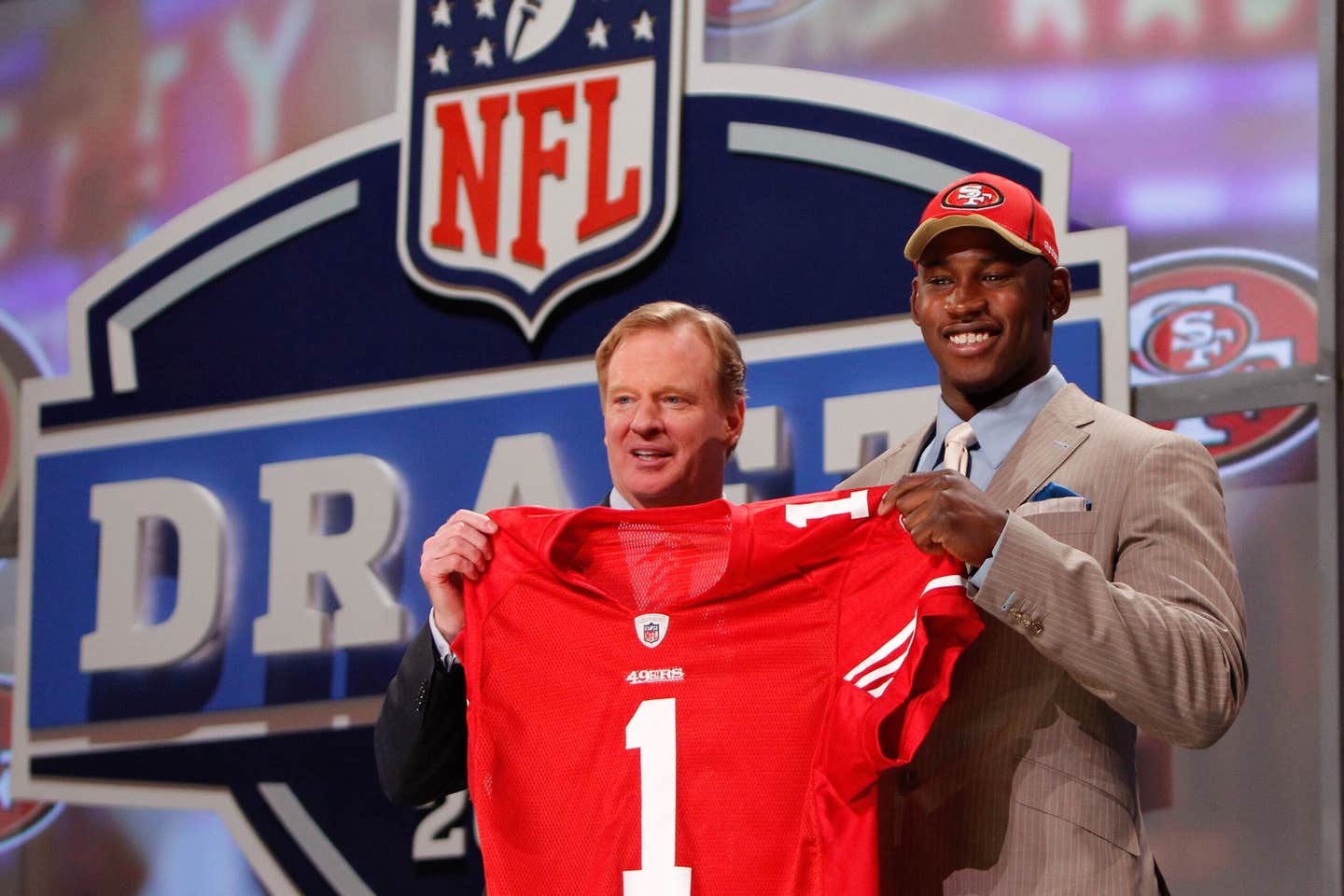 Aldon Smith is introduced by Commissioner of the National Football League in the 2011 draft.