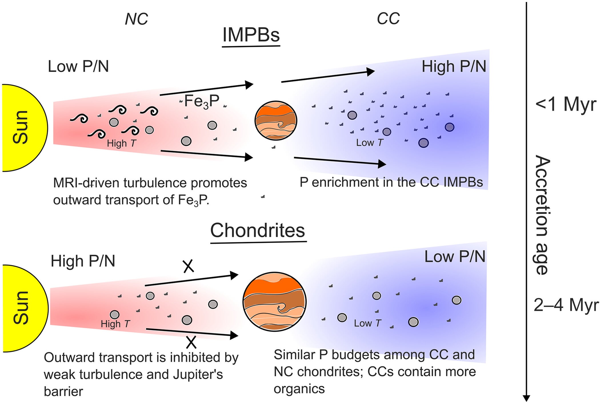 Cartoon showing the protoplanetary disk evolution explaining the P-N systematics of IMPB and chondritic planetesimals.