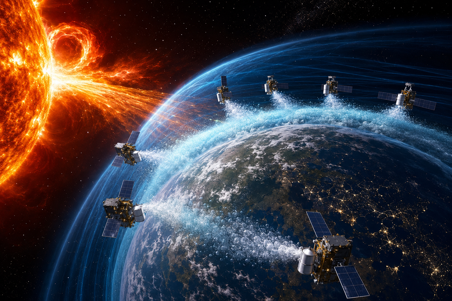 Simulations suggest six spacecraft could weaken geomagnetic storms before they disrupt Earth’s satellites, GPS, and power grids.