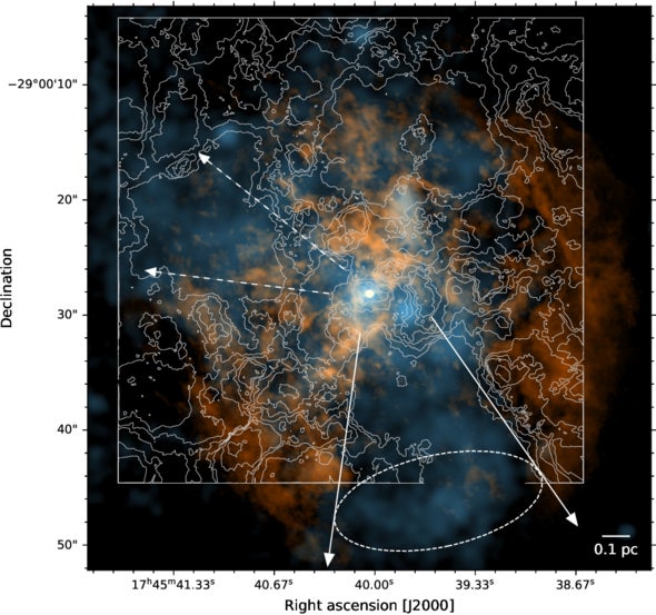 The near-infrared extinction map contours showing the local extinction in the central parsec