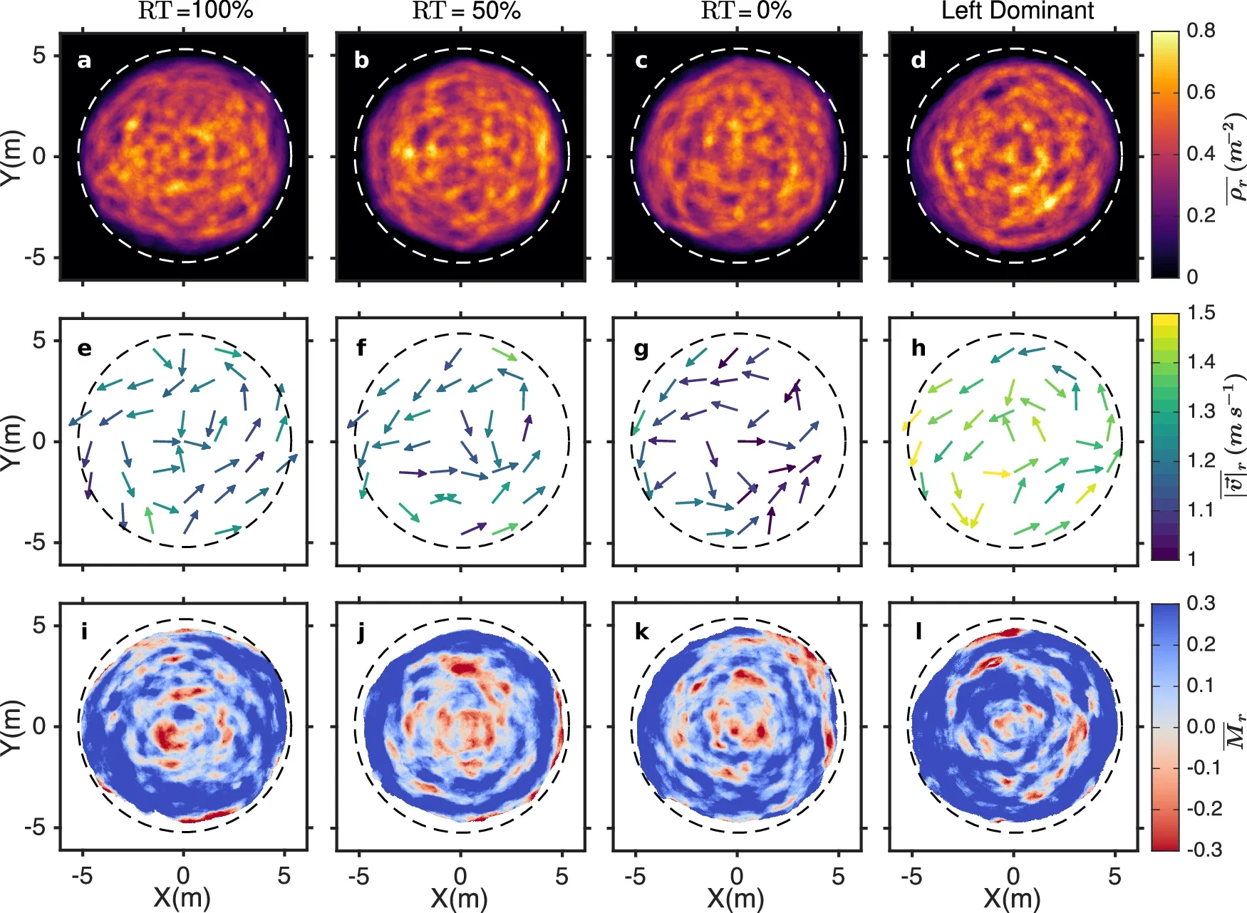 Density, velocity and polarization fields for varying proportions of right-turners in the Spanish confined scenario.