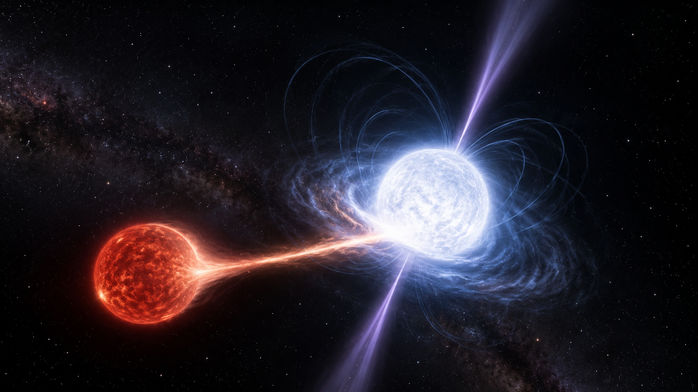 Astronomers traced strange repeating radio bursts to a white dwarf feeding on a red dwarf in a tightly bound binary system.