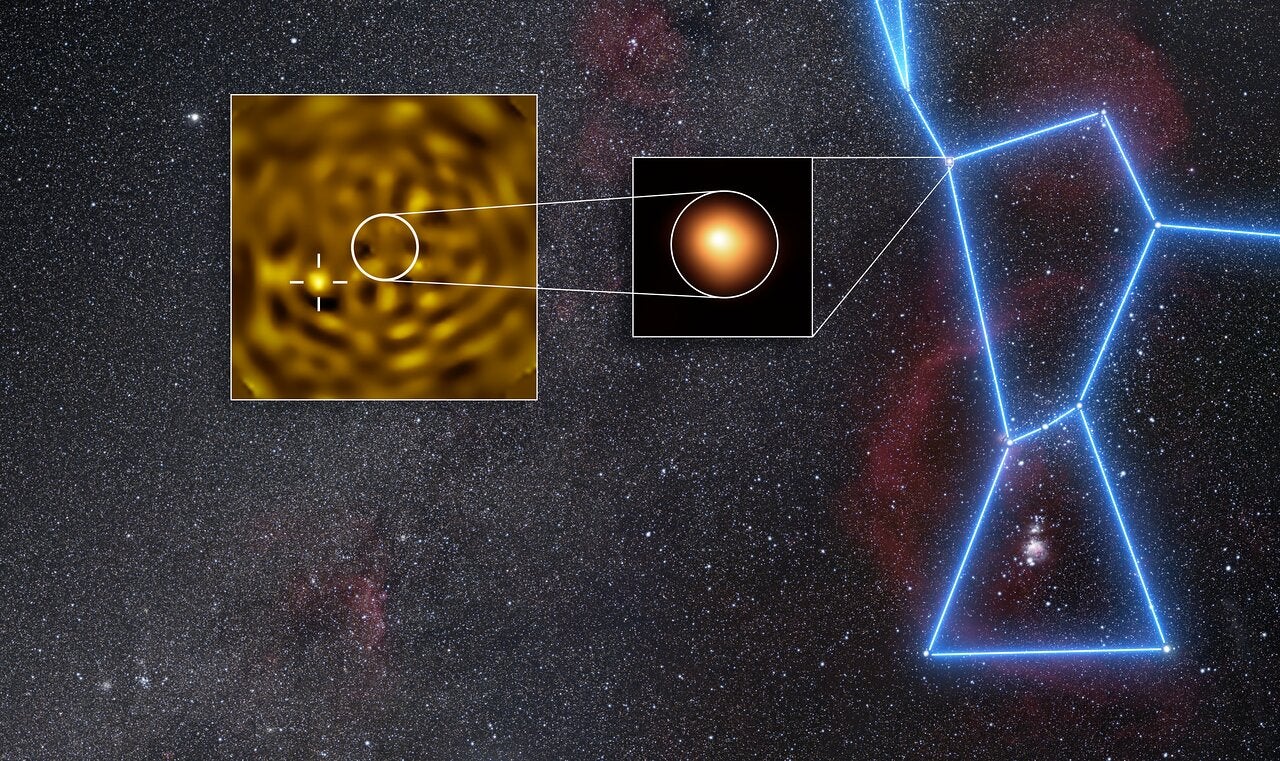 Using ESO’s Very Large Telescope (VLT), astronomers have obtained the clearest image ever of what likely is Betelgeuse B, a star orbiting Betelgeuse.