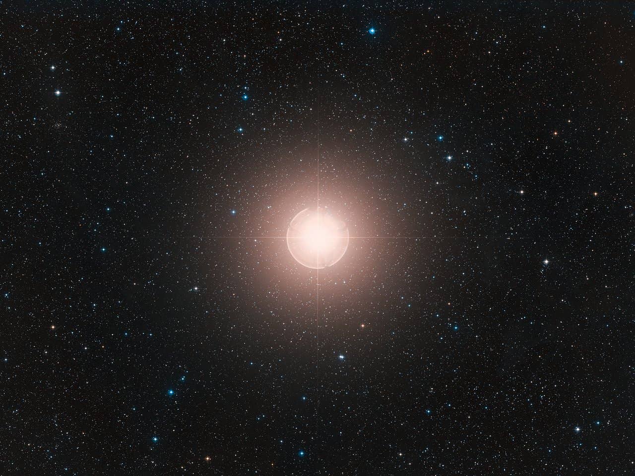 This image is a color composite of Betelgeuse B made from exposures from the Digitized Sky Survey 2 (DSS2). The field of view is approximately 2.0 x 1.5 degrees.