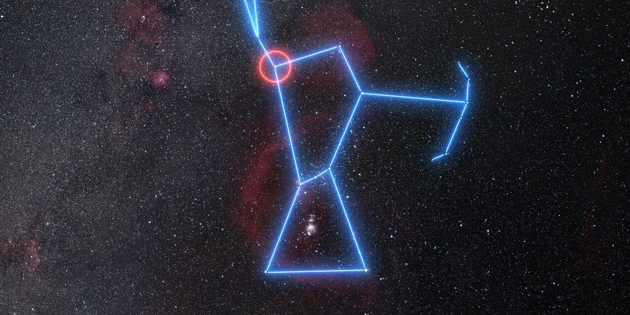 This image shows the location of the red supergiant star Betelgeuse in the constellation of Orion (the Hunter). Betelgeuse can be seen quite easily without the need for a telescope as the right shoulder of Orion, as highlighted in this diagram.