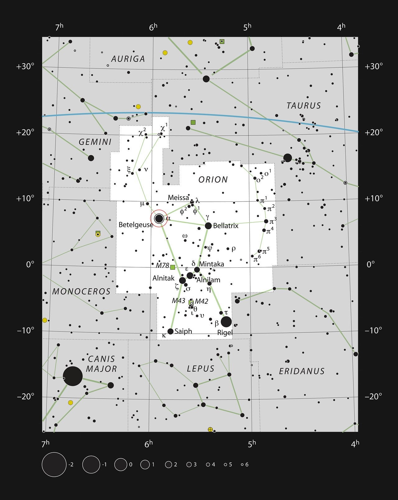 This chart shows the location of the very bright red supergiant star Betelgeuse (Alpha Orionis) in the famous constellation of Orion (The Hunter). This map shows most of the stars visible to the unaided eye under good conditions and the star itself is marked with a red circle.