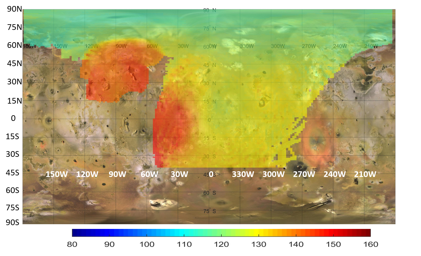 This map represents data captured by the Microwave Radiometer instrument aboard NASA’s Juno, indicating heat rising from just beneath the surface of Jupiter’s moon Io. The colors illustrate a distinct temperature gradient across the moon, with the most extreme, localized heat output in red.