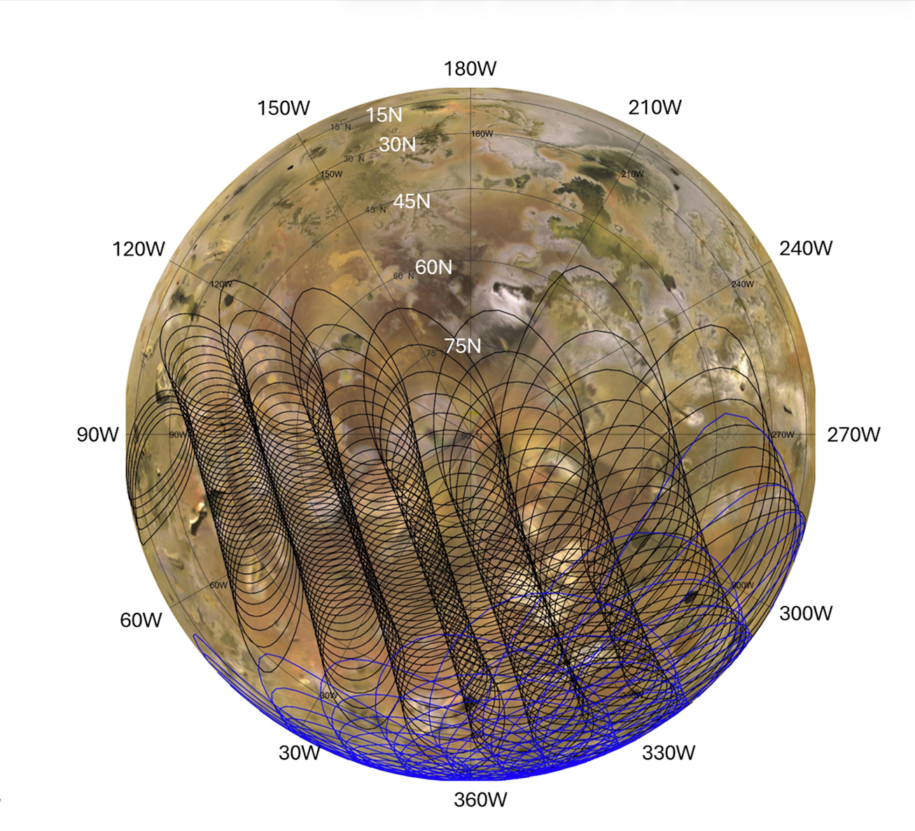 This graphic illustrates the areas of Io sampled by the Microwave Radiometer instrument aboard NASA’s Juno spacecraft during two close flybys of the Jovian moon.