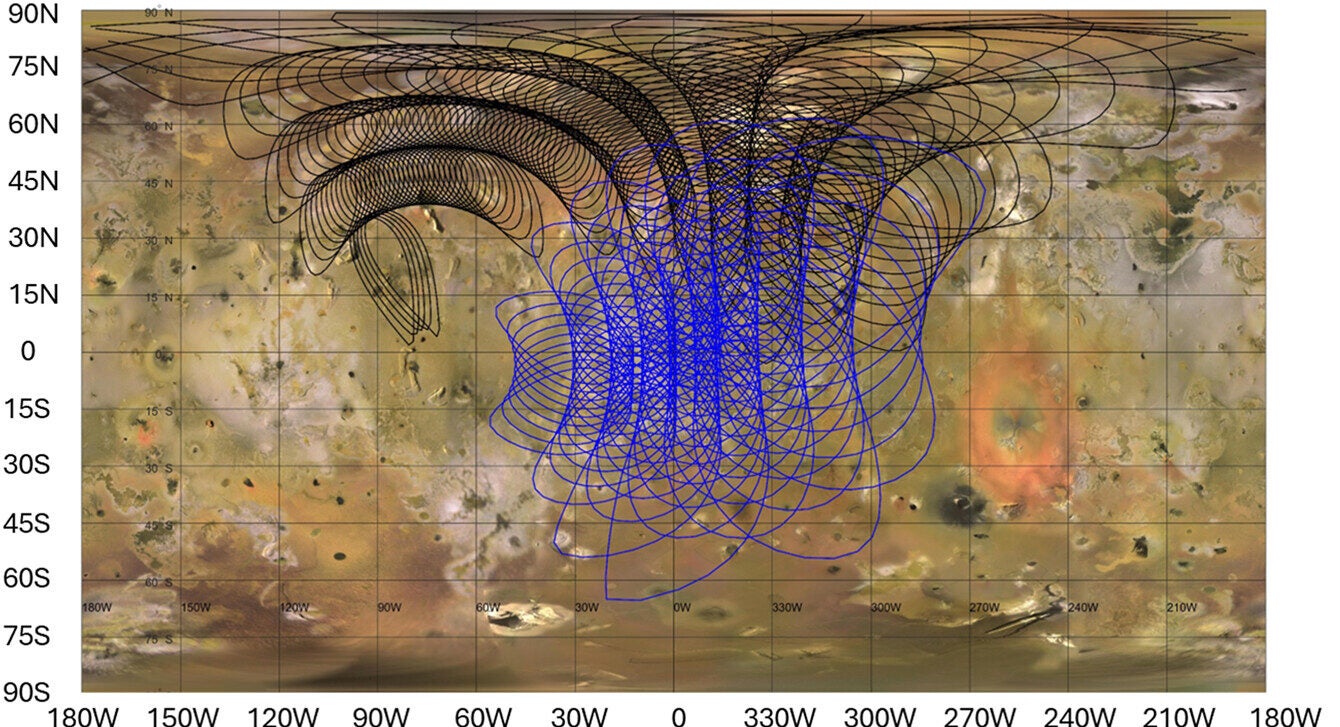 MWR sampling and footprints on Io for PJ57 (black) and PJ58 (blue) for the 12° beams.