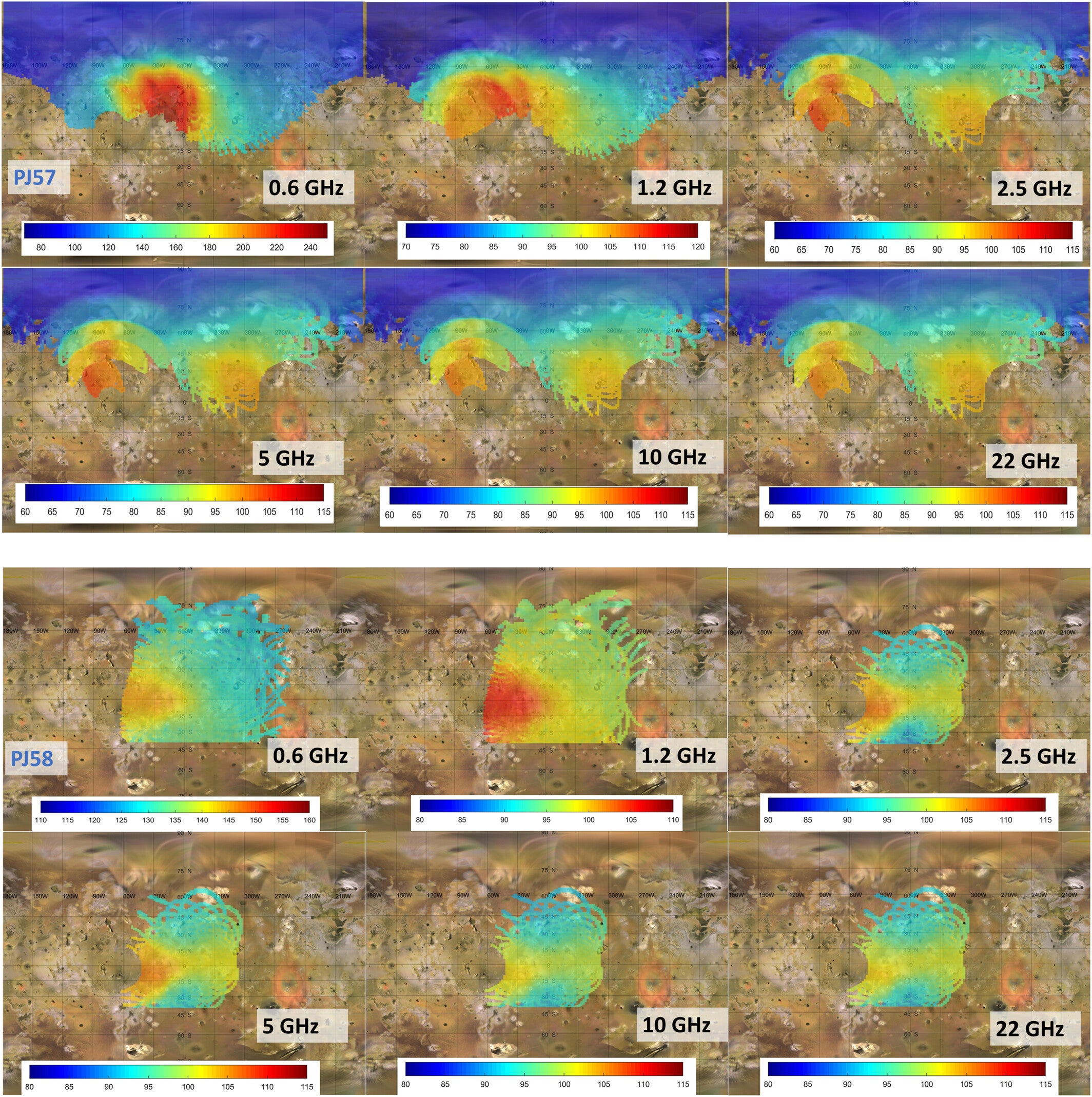 MWR brightness temperatures projected over the 3 dB footprint onto Io's surface for PJ57 (top) and PJ58 (bottom).