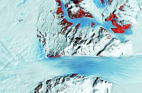 Antarctica’s fast-moving Byrd Glacier courses through the Transantarctic Mountains, flowing from the polar plateau (left) to the Ross Ice Shelf (right). In this colour infrared satellite image, red patches mark exposed rock. The researchers propose that mountain uplift seeded ice sheet formation.