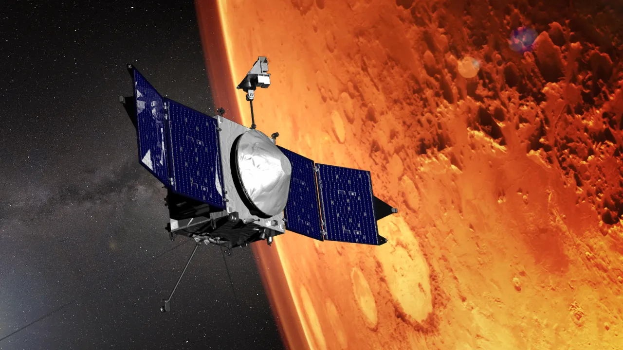 Illustration of the MAVEN spacecraft and the limb of Mars.