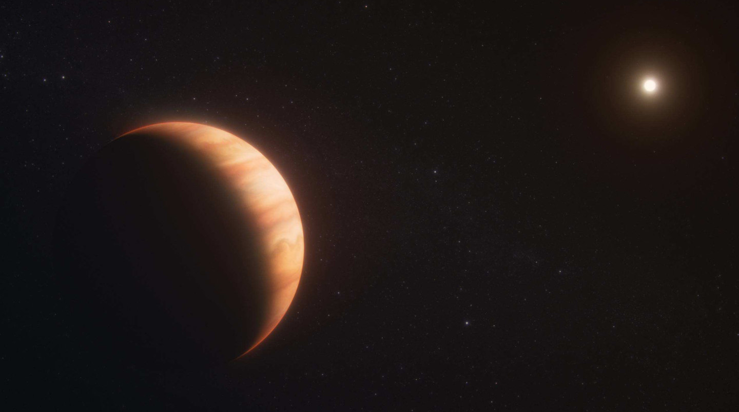 Artist concept of the gas giant planet WD1856b orbiting a white dwarf star. The planet is 7 times larger than the Earth-sized white dwarf it orbits.