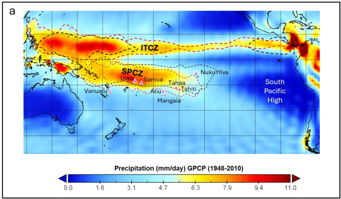 Distribution of precipitation and main climate features in the TSP including locations of proxy climate records and indication of changes in the area and location of SPCZ and ITCZ rainfall bands during ElNiño like (dashed red lines) and La Niña like (dashed black lines) state.