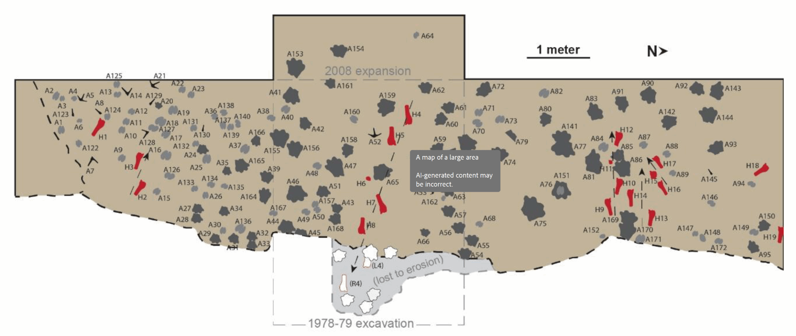 Labeled schematic map of the GaJi10 track surface. Hominin tracks are shown in red, hippo tracks in dark grey, bovids/equids in medium grey, and bird tracks in black. A 1-meter scale bar and North arrow are shown in the upper right.