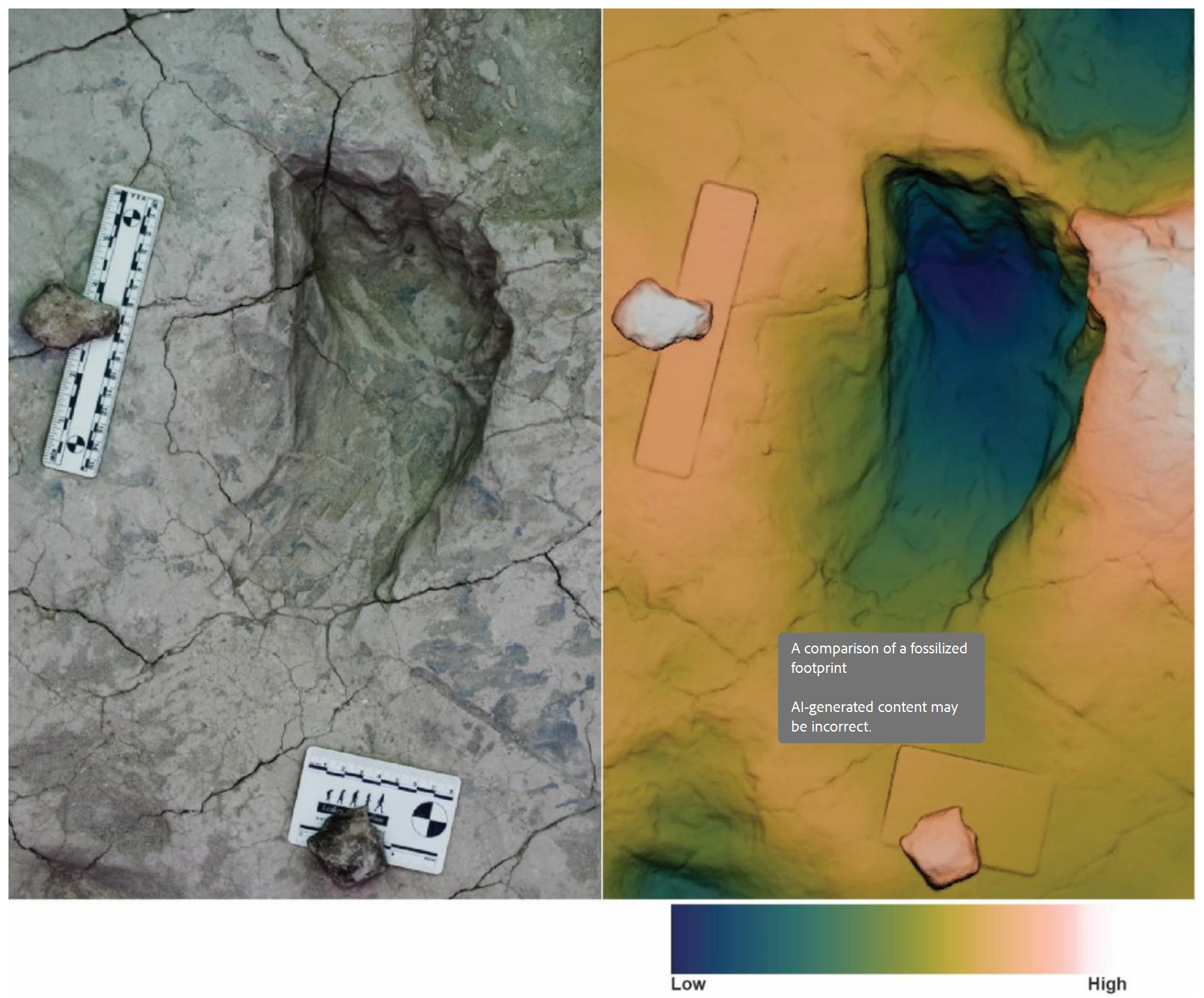 Overhead image (left) and height map (right) of 3D model of track H1. Scale bars are 15 cm and 8 cm. Height map spans 10.5 cm from deepest blue to white.