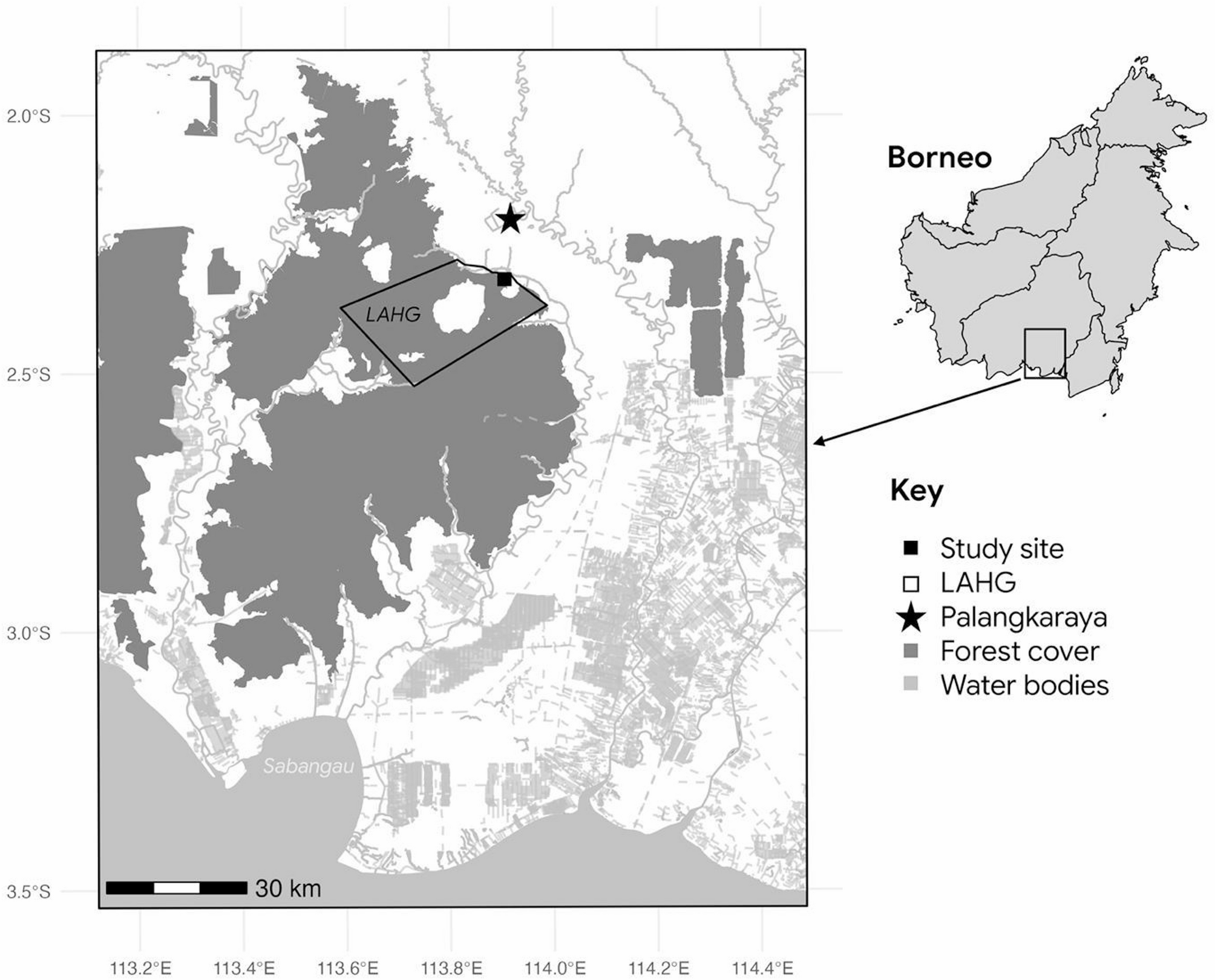 Location of the 3 km × 3 km study site (black box) within the Laboratorium Alam Hutan Gambut: Natural Laboratory (LAHG) for the Study of Peat Swamp Forest.