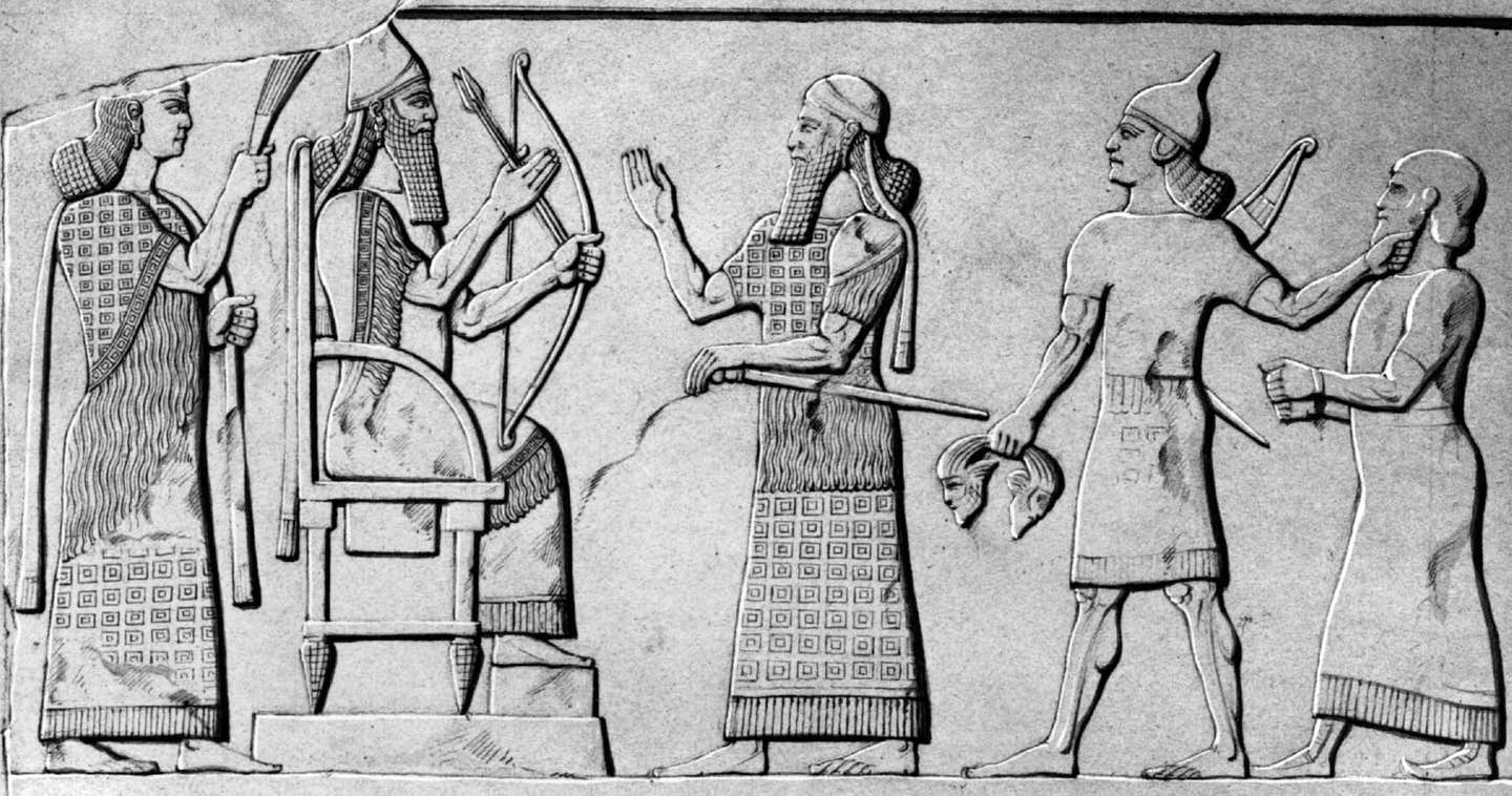 Relief of high officials and a soldier wearing Kassettenmuster-fabric from the Central Palace, left by Rassam in situ.