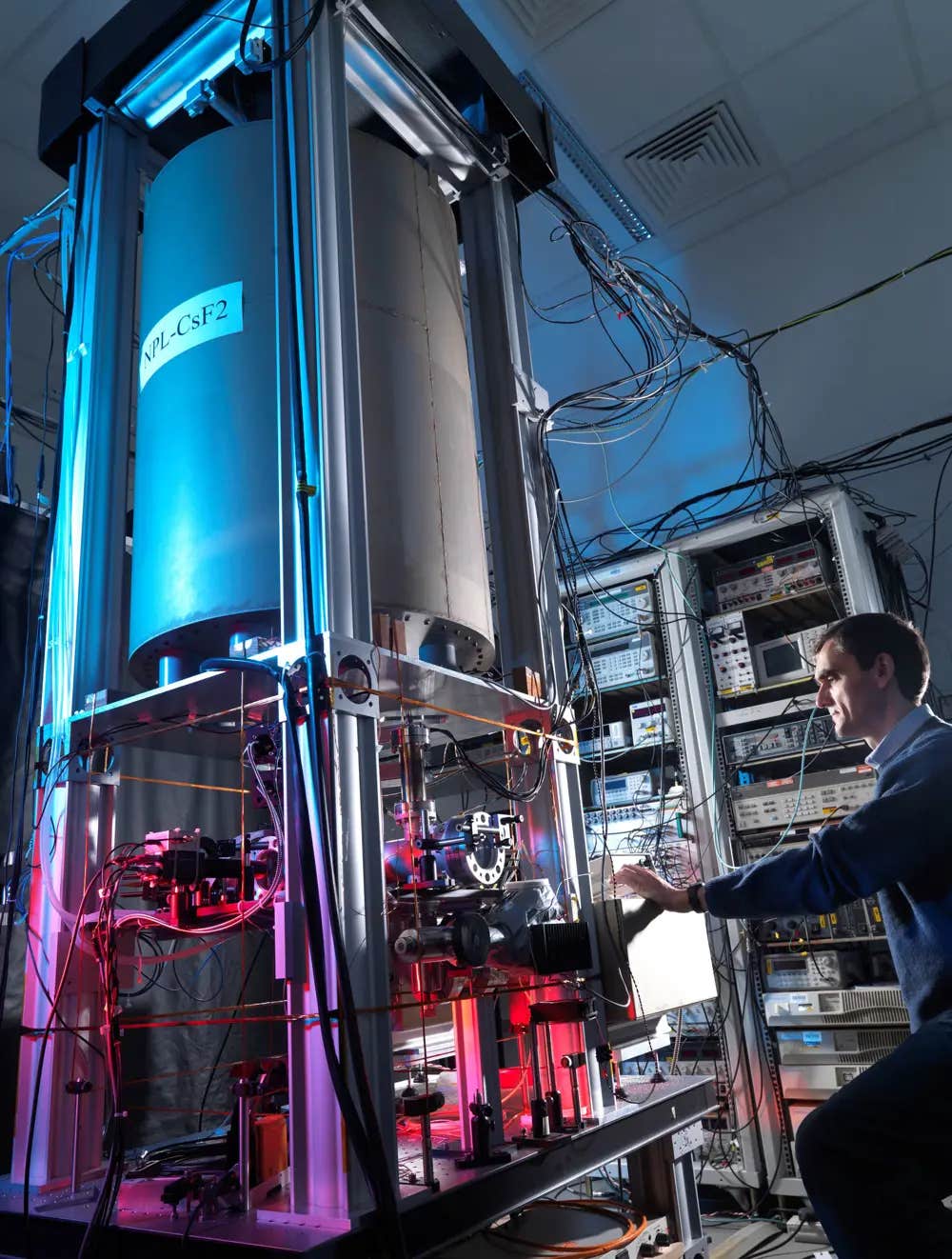 The National Physical Laboratory's NPL-CsF2 caesium fountain atomic clock is a room-sized instrument that serves as the United Kingdom's primary time standard, providing the country's official frequency reference while contributing to International Atomic Time (TAI) and Coordinated Universal Time (UTC). The National Physical Laboratory's NPL-CsF2 caesium fountain atomic clock is a room-sized instrument that serves as the United Kingdom's primary time standard, providing the country's official frequency reference while contributing to International Atomic Time (TAI) and Coordinated Universal Time (UTC).