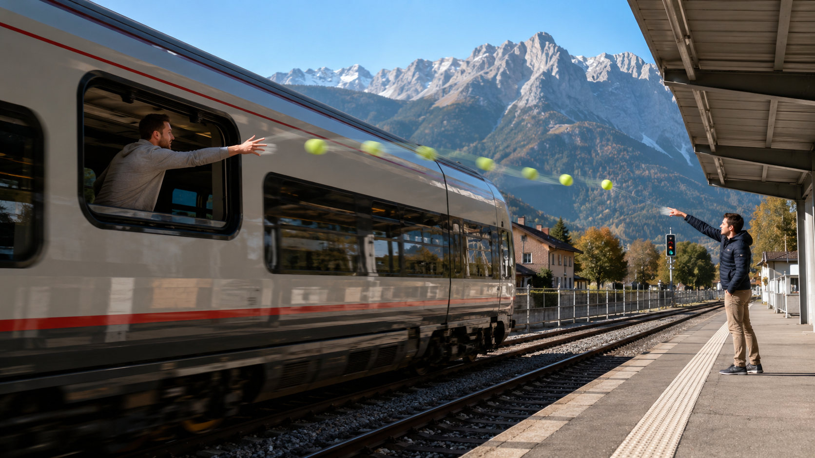 A ball thrown forward on a moving train travels faster relative to the ground than a ball thrown from a stationary platform.