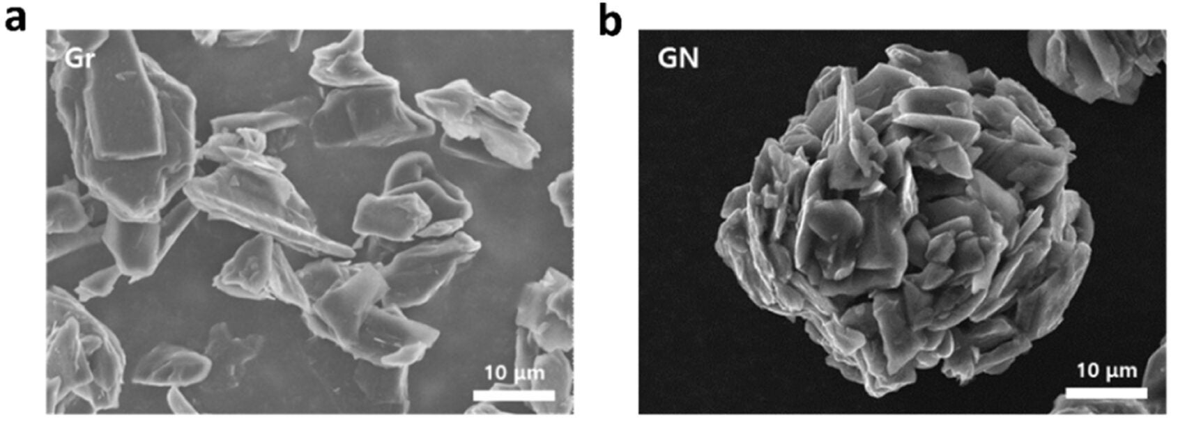 Morphological and structural characterization of pristine graphite (Gr) and granulized graphite (GN) (a-b) SEM images of (a) Gr and (b) GN.