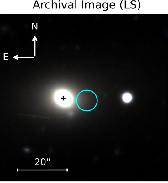 Top: archival composite g, r, i image from LS DR10, with the position of the transient (blue circle) and host galaxy (marked with the black + symbol).